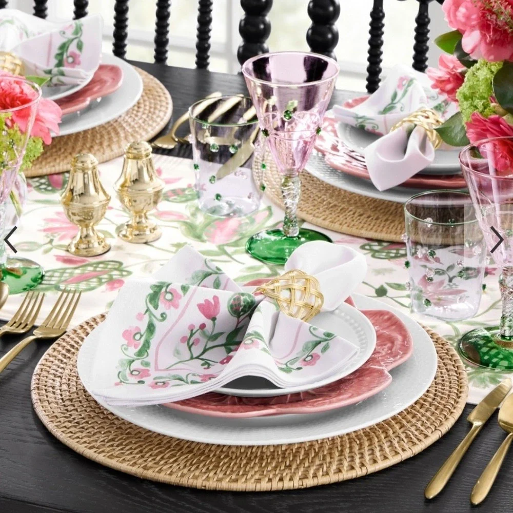 Williams Sonoma Pink Green Painted Vine Floral Table Runner 16x108 New!